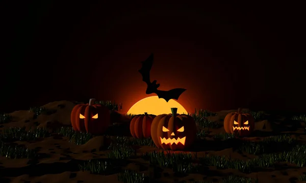Halloween Pumpor Och Flygande Fladdermöss Månskenet Den Kusliga Natten Jack — Stockfoto