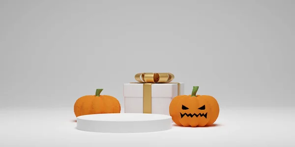 Zucca Halloween Podio Con Confezione Regalo Sfondo Bianco Scena Geometrica — Foto Stock