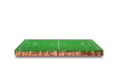 Yeşil çim futbol sahasının beyaz arka planda izole edildiği toprak kübik kesit. 3B görüntüleme.