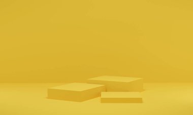 3 boyutlu görüntüleme. Ürün tanıtımı için sarı sahne geometrik şekil podyumu. Boş alanı olan soyut minimalist tasarım.