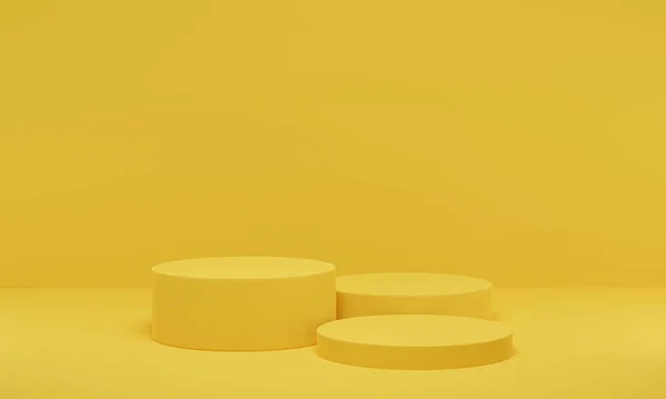 3Dレンダリング 黄色のシリンダープラットフォーム最小限の背景 製品発表のための幾何学的形状表彰台 — ストック写真