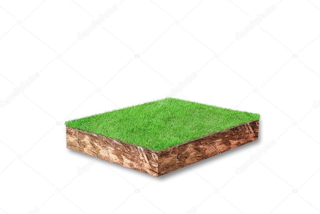 3D render. Soil cubical cross section with green grass isolated on white background