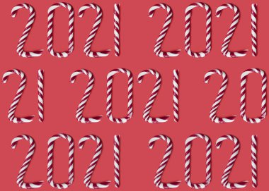 Kırmızı arka planda 2021 noel için tatlı karamel şekeri