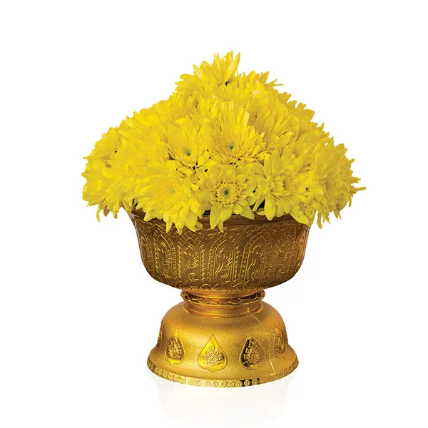 Yellow chrysanthemum decorated on tray with pedestal isolated on — Stock Photo, Image