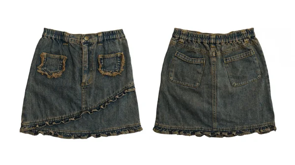 Denim rok-, voor- en achterzijde op witte achtergrond — Stockfoto