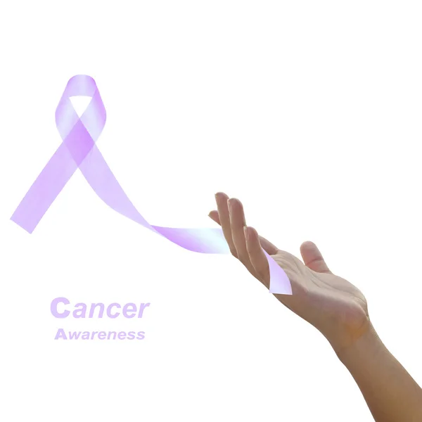 Womans hand holding lavender color all cancer awareness ribbon a — Stock Photo, Image