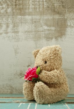 Sevimli ayı bebek tutan gül buketi