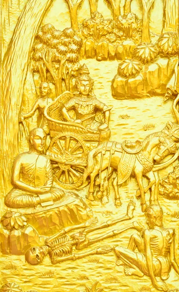 Traditionell thailändsk stil konst carving av Buddha berättelse om templet doo Stockfoto