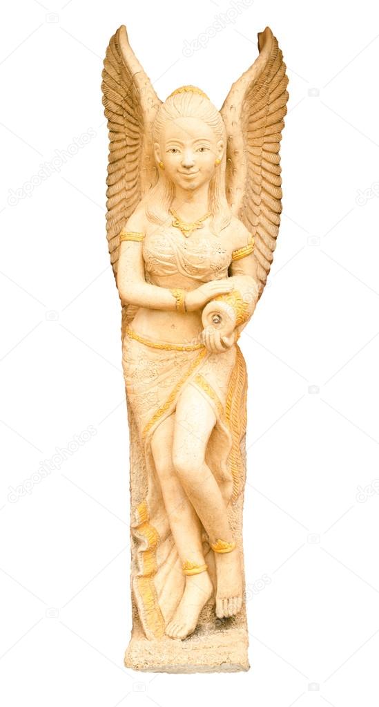 stone woman angel statue isolated on white backdround with worki