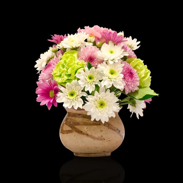 Bunch different flowers in clay vase isolated on black backgroun — Stock Photo, Image