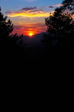 Güneş yüksek bulutları alevler içinde bırakır uzak bir dağ sırasının arkasında kayarken yakınlardaki çam ağaçlarının gölgesinde.