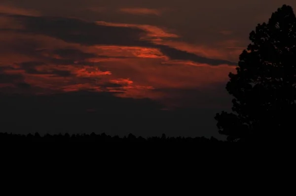 Die Wolken Leuchten Leuchtendem Rot Und Orange Während Die Sonne — Stockfoto