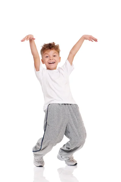 Niño, vestido con camiseta blanca, bailando — Foto de Stock