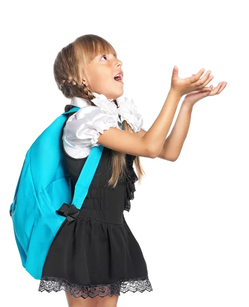 Pequeña colegiala con las manos arriba —  Fotos de Stock