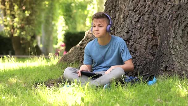 Boy with tablet at park — Stock Video