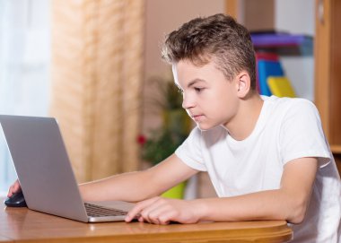Dizüstü bilgisayarda çalışan bir genç çocuk