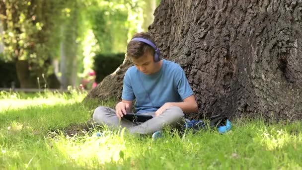 Мальчик с планшетом в парке — стоковое видео