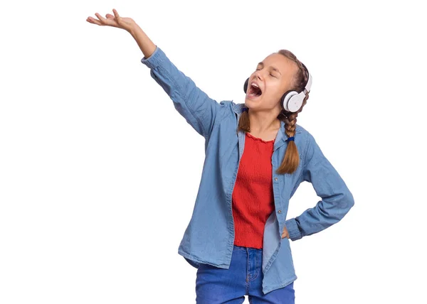 Emoções menina com fones de ouvido — Fotografia de Stock