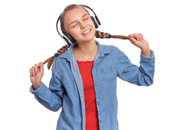 Emoções menina com fones de ouvido — Fotografia de Stock