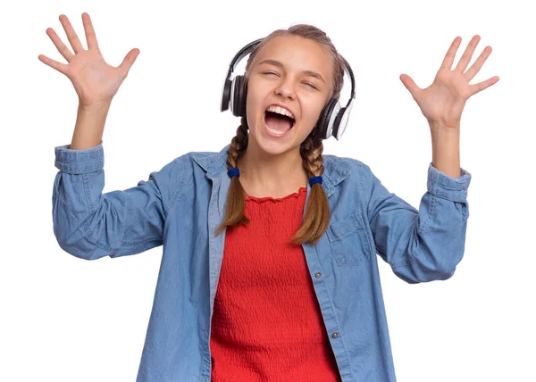 Emoções menina com fones de ouvido — Fotografia de Stock