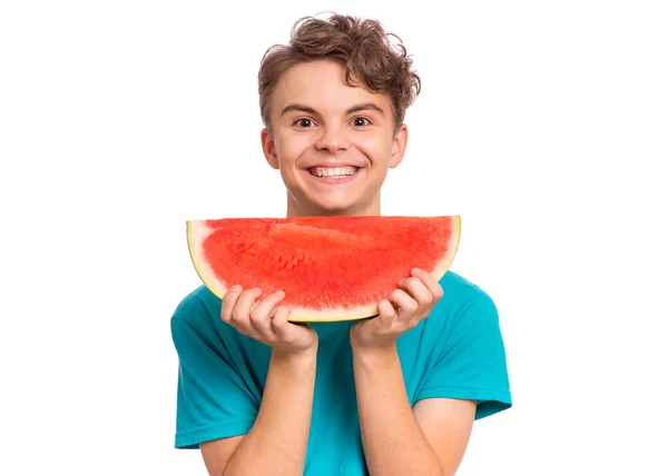 Tiener jongen met watermeloen op wit — Stockfoto