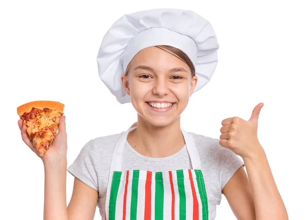 Ragazza chef tenendo la pizza sul bianco — Foto Stock