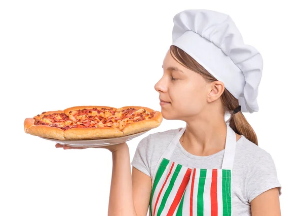 Girl chef holding pizza on white — Stock Photo, Image