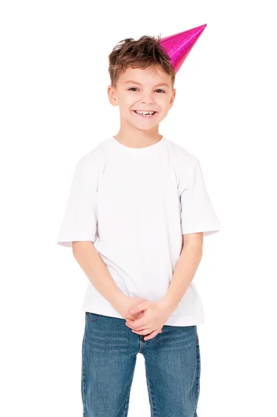 Niño feliz en gorra de cumpleaños — Foto de Stock