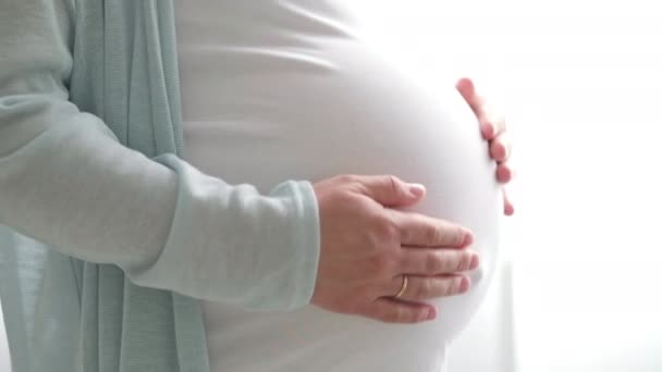 4k Madre embarazada acariciando su vientre. Manos de mujer tocándose la barriga, esperando a la niña. Preparación para el parto, Chica gran vientre embarazo avanzado. — Vídeo de stock