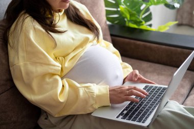 Evden internet üzerinden çalışan çekici hamile bir genç bayan. Kadın ellerini dizüstü bilgisayarın üzerine koy ve karnında büyük bir hamilelik var.