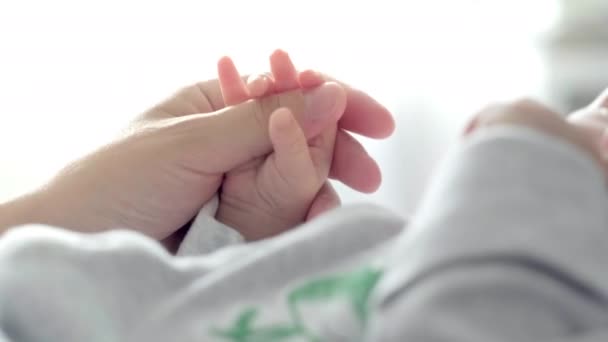 4k recién nacido bebé mano sosteniendo madre, mamá tocando bebé pequeña mano para hacerle sentir su amor, cálido y seguro. Maternidad, familia, concepto de nacimiento — Vídeos de Stock