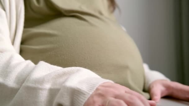 4k 임산부 가 집에서 원격으로 인터넷을 하고 있어요. 임신 한 젊은 여성의 손을 컴퓨터에 감고 배가 큰 상태로 임신 했습니다 — 비디오