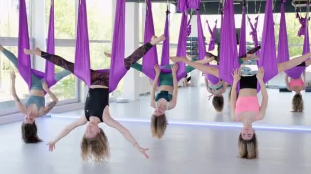 Bir grup genç kadın salıncakta salıncak sallıyor. Havadan uçuş yoga egzersizleri spor salonunda mor hamakta yapılıyor. 28 Mayıs 2021 St. Petersburg Rusya — Stok video