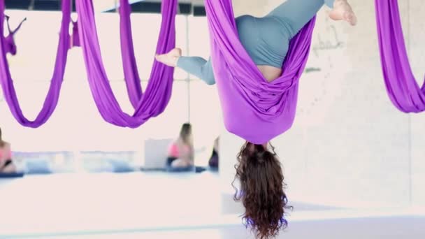 Молода красива жінка практикує в аеророзтяжці. Повітряні вправи з йоги в фіолетовому гамаку в фітнес-клубі — стокове відео