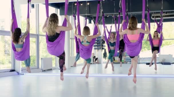 Bir grup genç kadın salıncakta salıncak sallıyor. Havadan uçuş yoga egzersizleri spor salonunda mor hamakta yapılıyor. 28 Mayıs 2021 St. Petersburg Rusya — Stok video