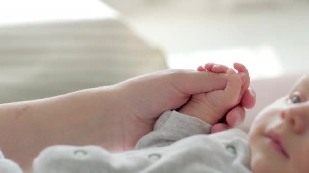 4k Nyfödd baby hand håller mor, mamma röra baby liten hand för att få honom att känna hennes kärlek, varm och säker. Moderskap, familj, födelsebegrepp — Stockvideo