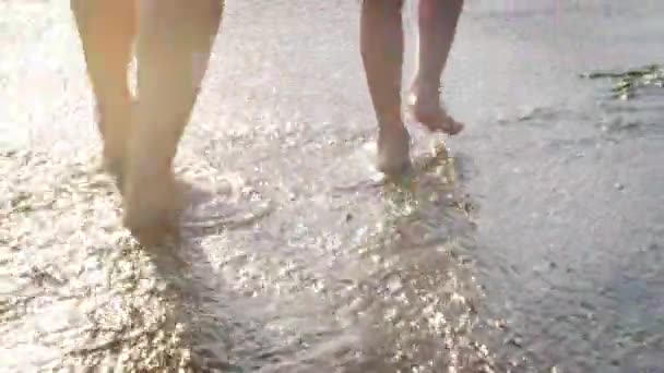 Papá y el bebé piernas pies caminando en el agua de la playa a través de los rayos del sol. Vacaciones de verano, vacaciones, viaje en familia — Vídeos de Stock