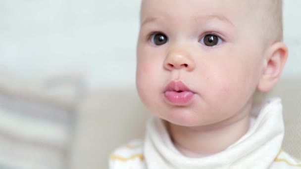 El niño hace caras graciosas come galletas grandes y sabrosas. Retrato comiendo bebé en casa. Comida saludable, hora del almuerzo. — Vídeo de stock