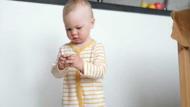 Niño sosteniendo juguetes en las manos. pequeño niño caucásico inteligente jugando juguetes naturales en el suelo en casa. Juegos educativos para el desarrollo temprano. eco juguete de madera bebé juego — Vídeos de Stock