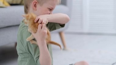Küçük çocuk evde yerde kızıl kedi yavrusu kırmızı kurdelesiyle oynuyor. Çocukların ve hayvanların dostluğu, dostları ve kedilerin bakımı