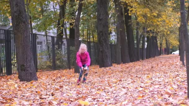 Kleines Mädchen spielt im Park mit herbstlichem Laub. Kind lacht und wirft goldene orange Ahornblätter in die Luft — Stockvideo