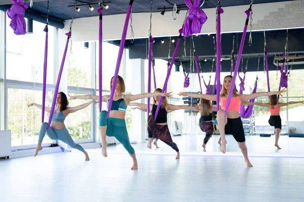 Grupo de mulheres jovens praticar em aero alongamento swing. Exercícios de ioga de voo aéreo praticam em rede roxa no clube de fitness. — Fotografia de Stock