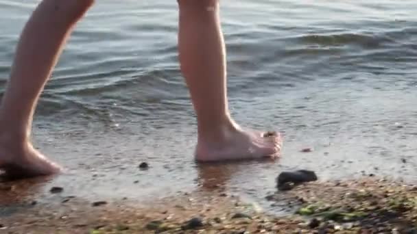 Barefoot kids legs feet walking on beach ocean water. Summer vacation, holiday, family trip. Tourism to warm countries — Stock Video