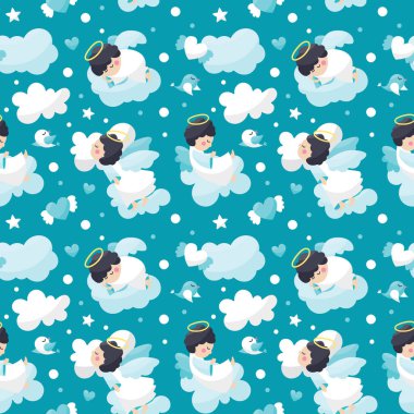 Yavru meleklerin kanatlı, bulutlu, yürekli, çocuklar için yıldızlı kusursuz bir vektör deseni.
