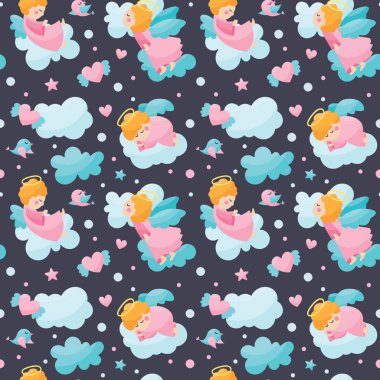 Yavru meleklerin kanatlı, bulutlu, yürekli, çocuklar için yıldızlı kusursuz bir vektör deseni.