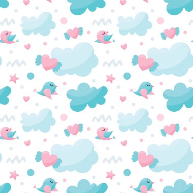 Kuşlar, bulutlar, kanatlı kalp, çocuklar için yıldızlar.