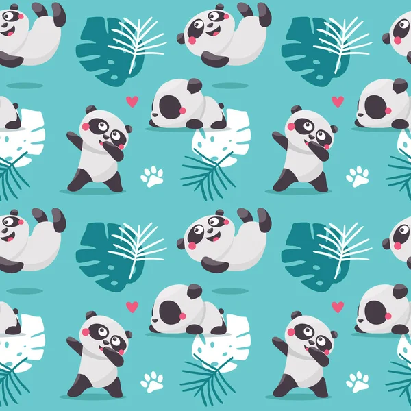 Panda Ayıları, yapraklar ve bitkilerle şirin, kusursuz bir desen..