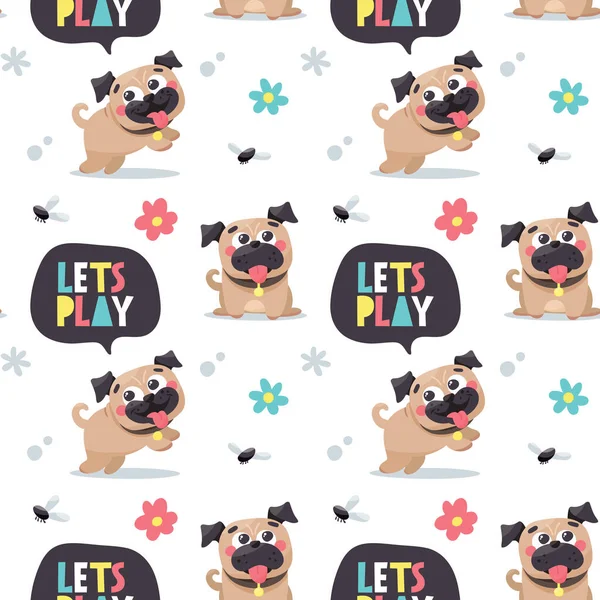 Naadloos schattig hond patroon met honden, pugs, huisdier, puppy, poot, bloemen, laat spelen — Stockvector