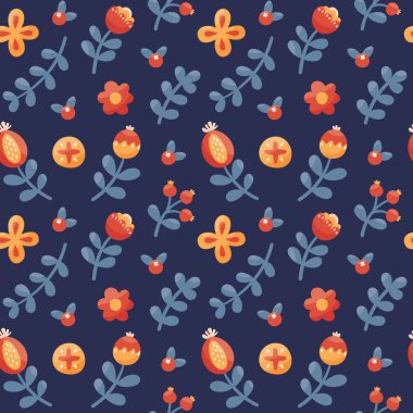 Çiçekler, bitkiler, dallar, böğürtlenler, yapraklar, doğa ile kusursuz sevimli vektör deseni