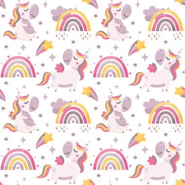 Tek boynuzlu atlar, gökkuşakları, yıldızlar, bulutlar, gökyüzü, kanatlar, kalpler içeren kusursuz şirin bir vektör.